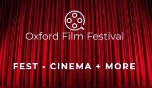 Logo for Oxford Film Festival with red theatre curtains