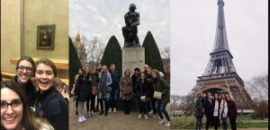 Compilation photo from the art history trip to Paris, including students in front of the Mona Lisa, the Thinker statue, and the Eiffel Tower