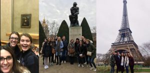 Collage photo of art history students in Paris; with the Mona Lisa, the Thinker statue, the Eiffel Tower