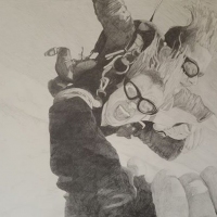 Drawing of two people sky diving.
