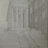 Drawing of a building on campus.