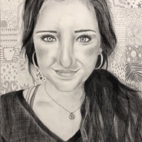 Drawing of a girl with gridded background behind her that has different patterns in each block.