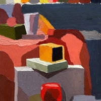 Painting of different colored blocks stacked on top of each other.